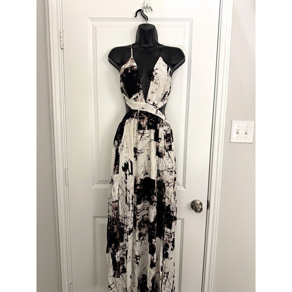 Miss Avenue Women’s M Black/White Abstract V-Neck Backless Maxi Dress Lined Zip